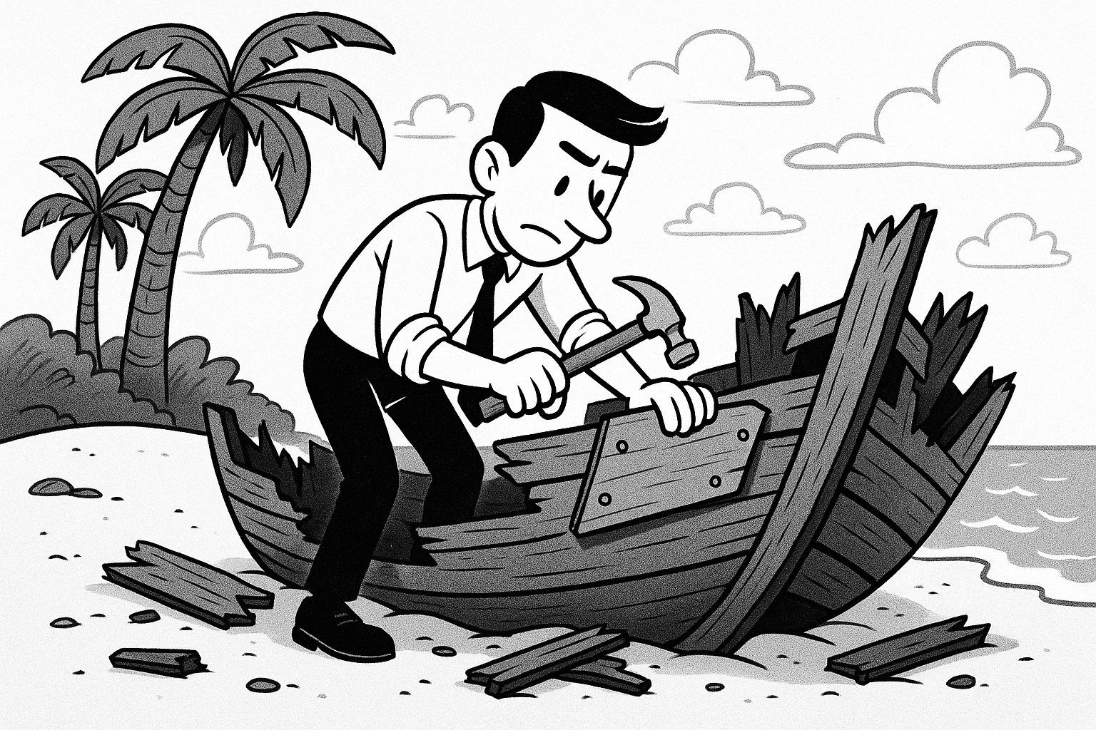 A man fixing a shipwreck